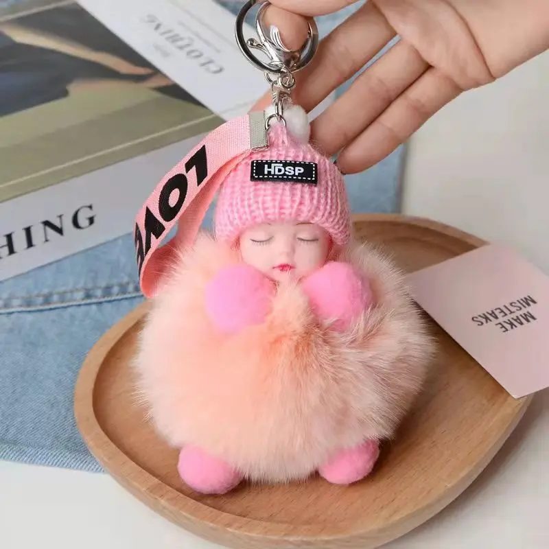 Wholesale Puff Ball Real Fox Fur Ball Pendant Key Chain Cute Sleeping Doll Plush Accessories Car KeyRing Pompom
