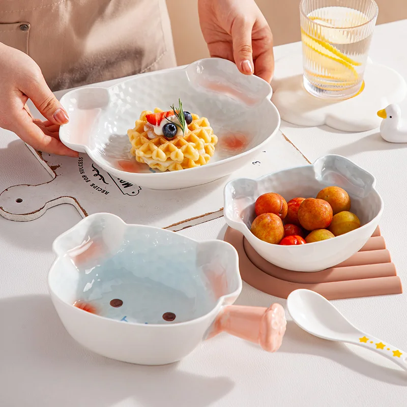 ZC kids dinnerware creative rabbit dinning table set cute Elephant Dinner set child Dishes handle bowl spoon plate 4pcs gift set