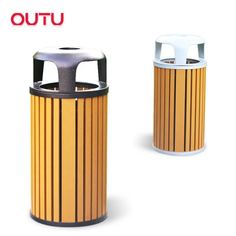 Factory Garbage Bin with Lid Metal Rubbish Can Aluminum Public Trash Can with PS wood Eco Waste Storage
