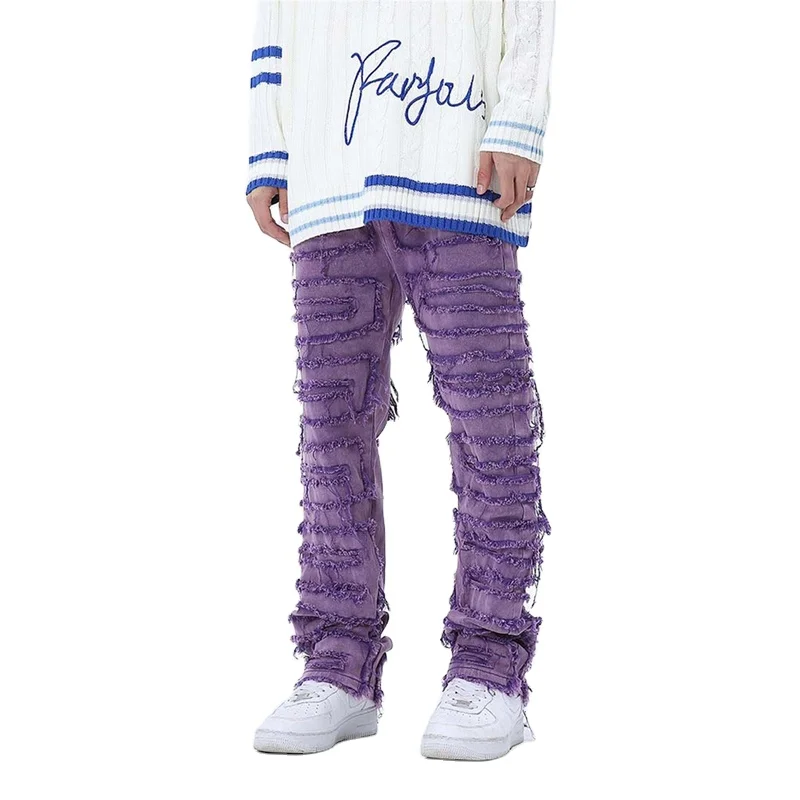 Custom your design high quality streetstyle fashion purple for men ripped stacked jeans men