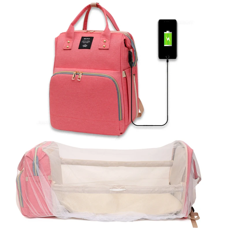 
baby bag diaper backpack Crib Baby Bed Diaper Bag with USB Backpack Bag With Mosquito Net 