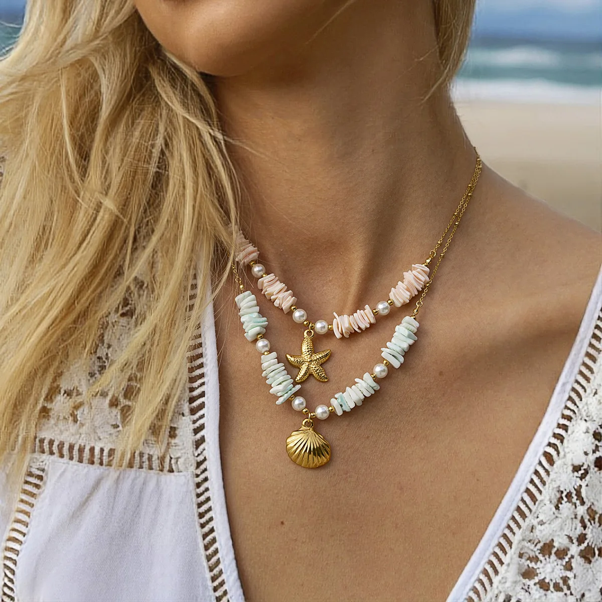 Summer Beach Vacation Jewelry Shell Pieces Pearl Shell Pendant Necklace Stainless Steel Beads Necklace Idea Handmade Jewelry