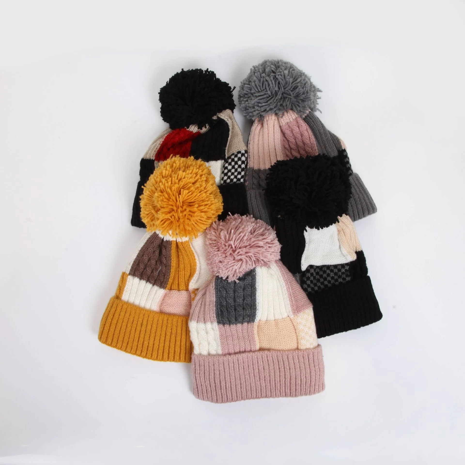 Women Acrylic Patch Work Color Block Knitted Beanie Hat with Fleece Lining