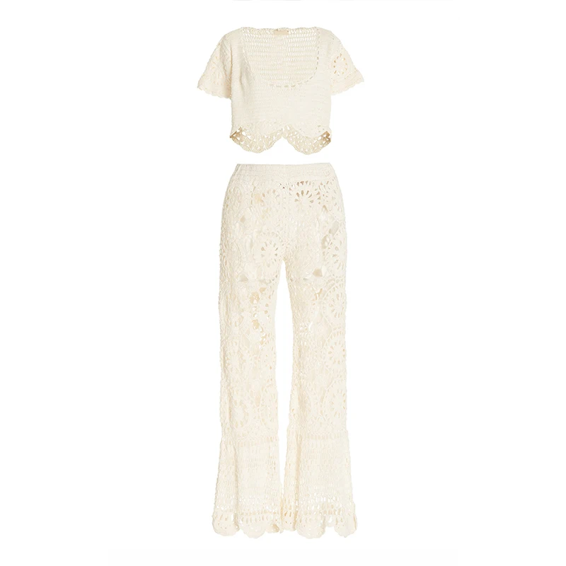 2024 Fashion Custom Women Quality Sweater Set Bunga Crocheted Cotton Pants and Top Set