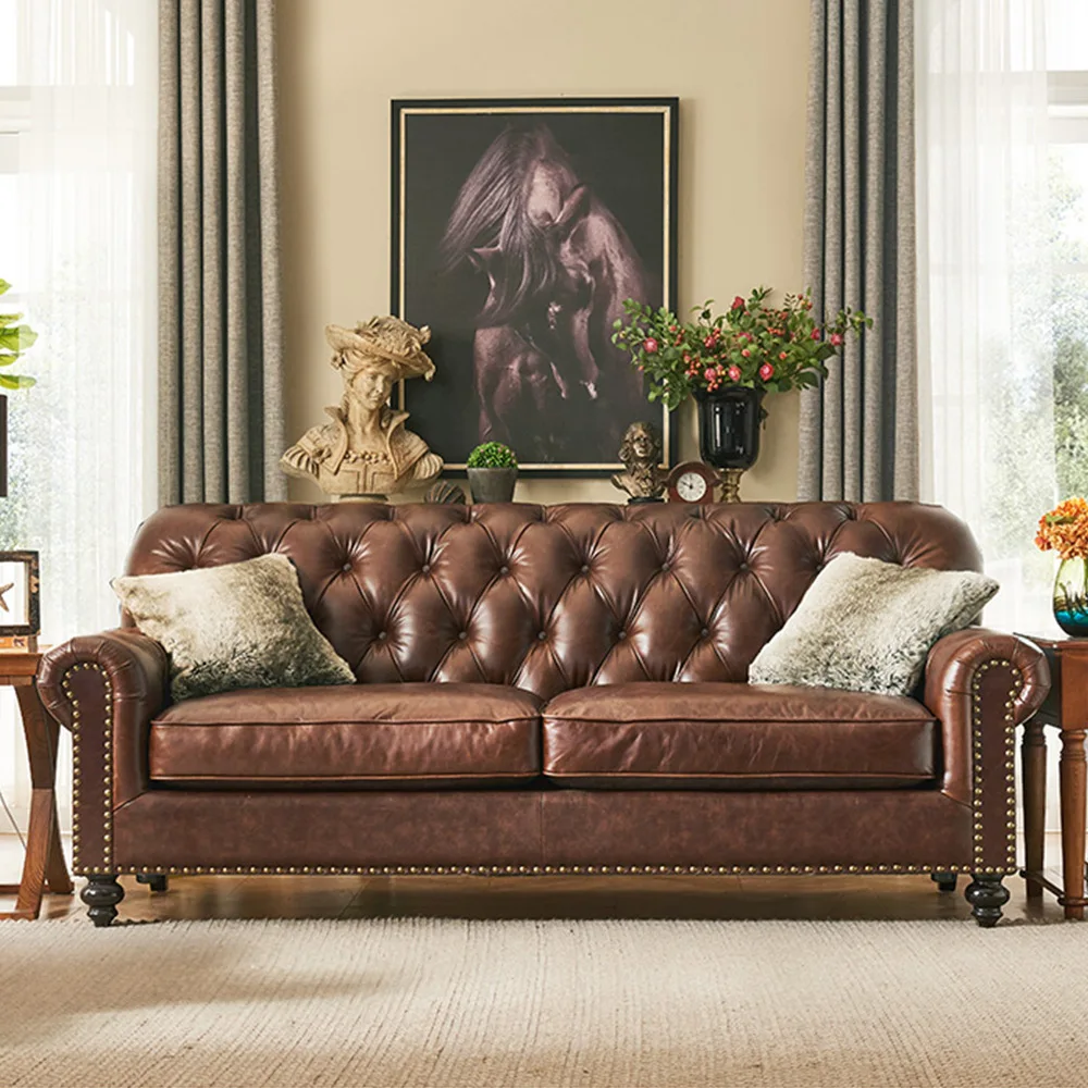 Cowhide straight row sofa pull button retro industrial style living room leather sofa furniture American countryside