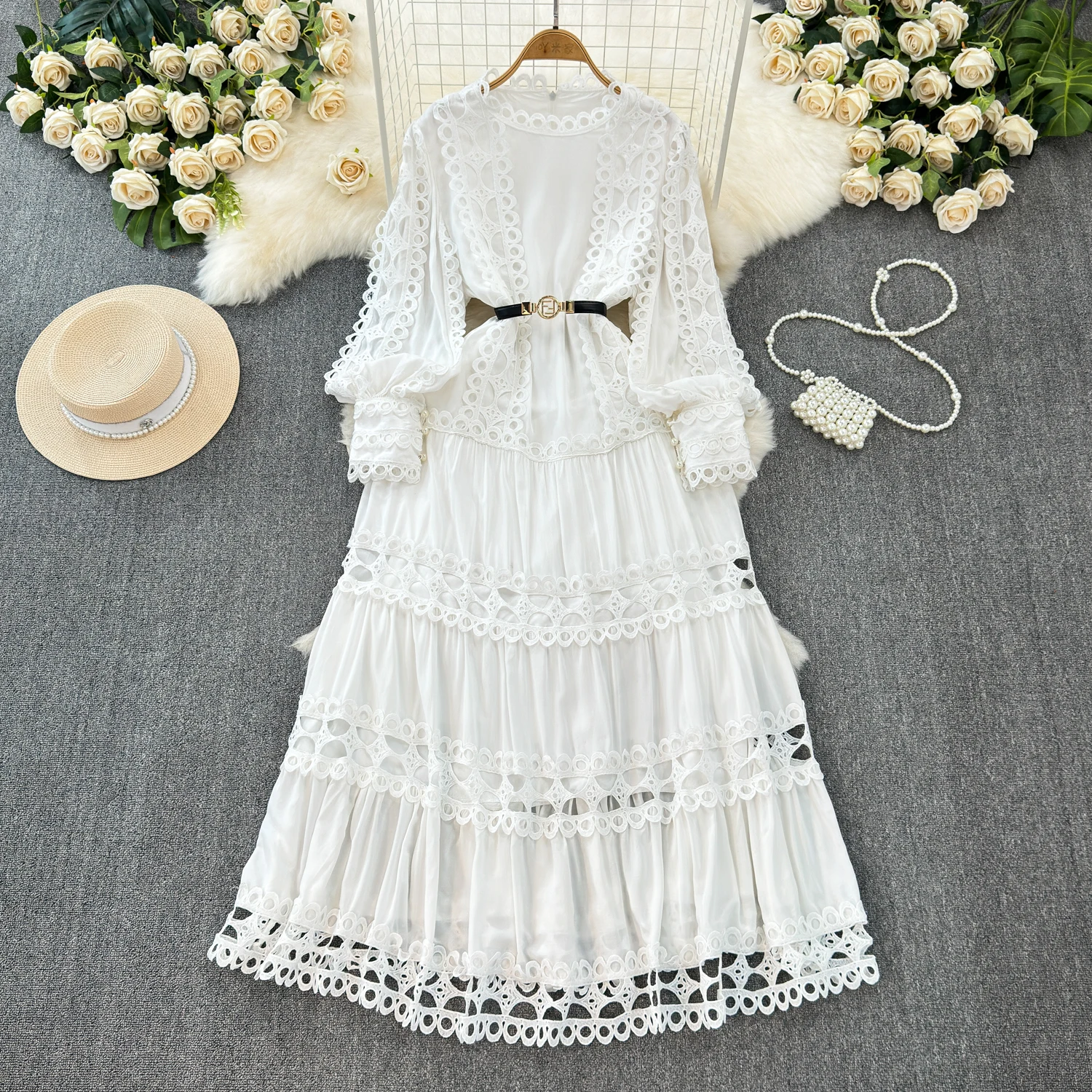 HANOU Court Style Hollow Hook Flower Ladies Dress Female Heavy Industry Patchwork Lace Long Sleeve Women Boutique Maxi Dresses