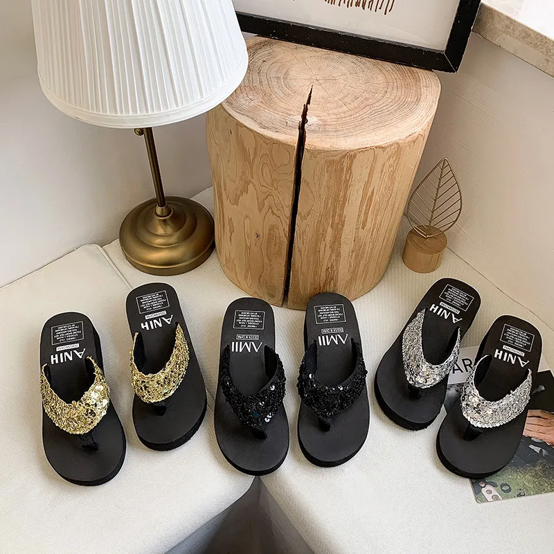Shiny Sequin High Slope Heel Ladies Flip-flops Outdoor Beach Anti-slip Summer Flip Flops Sandals Slippers Thong Shoes For Women