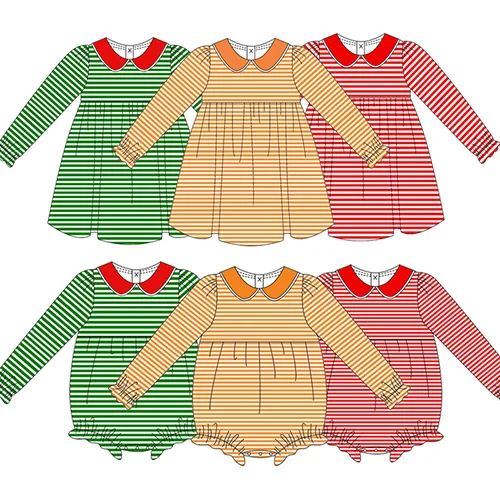 matching sister cotton knit monogram fall winter peter pan collar bubble romper sets wholesale baby girls dress