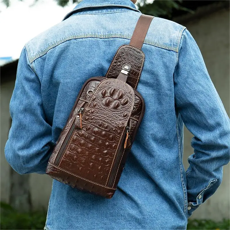 MARRANT Men Vintage Crocodile Pattern Single Shoulder Bag Daypack Crossbody Sling Bag Men Genuine Leather Chest Bag