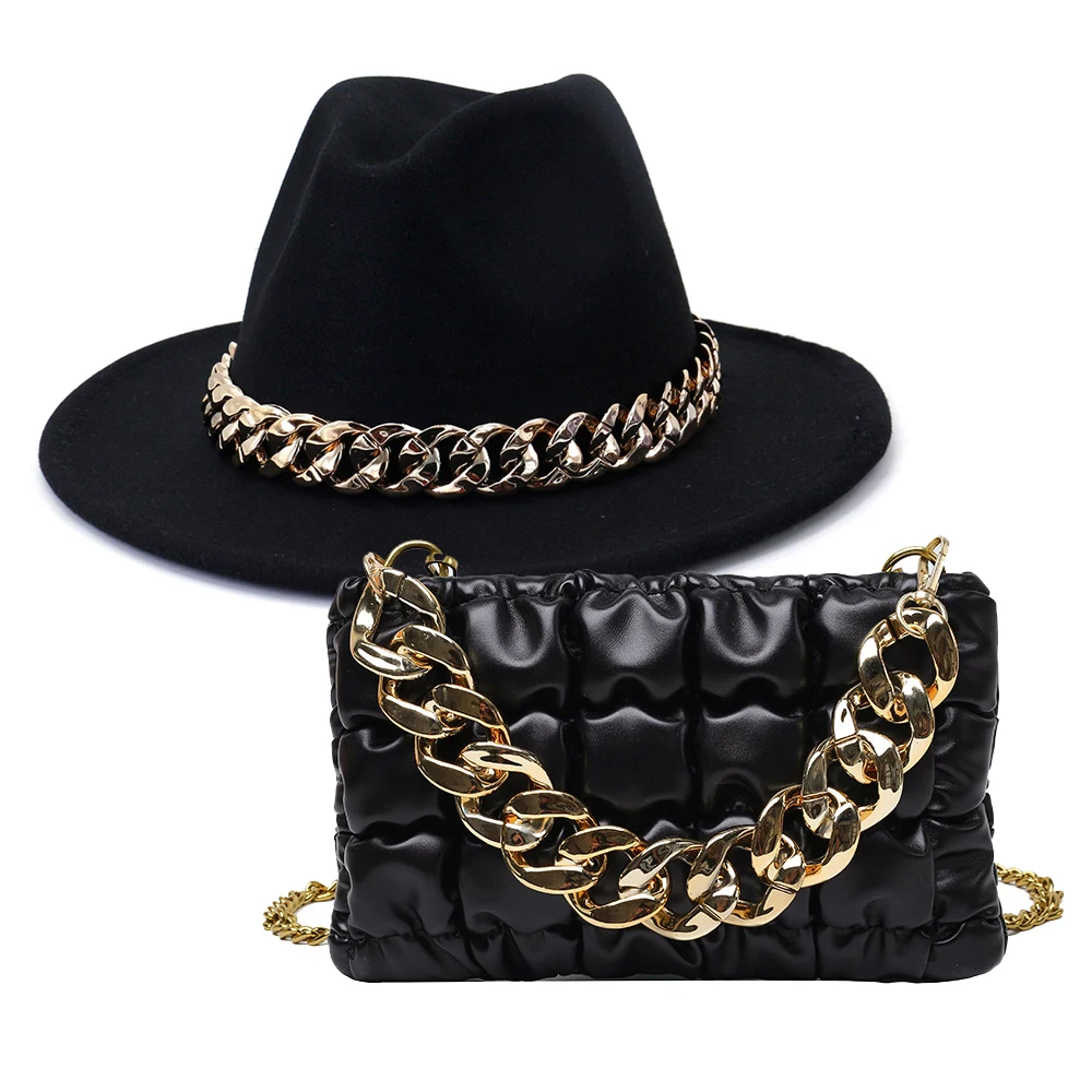 2022 Ladies Small Square Hand Purses Girl Metal Chain fedora hats and purse set Shoulder Bags Quilted PU Leather Handbags Women