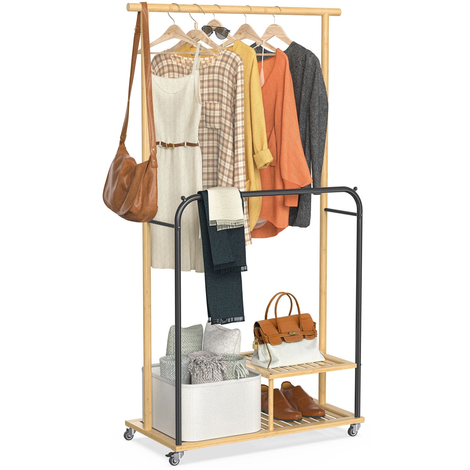 Double Rods Bamboo Clothing Garment Rack with Rolling Clothes Hanging Rack with Wheels,  Bottom Shelves & Fabric Storage Basket