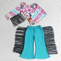 Fashion RTS baby girl clothes boutique kids clothing floral cow print one shoulder tassels girls western outfits girls sets