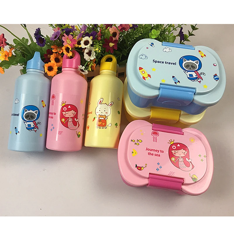 Wholesale Children Cartoon Design Plastic Bento Lunch Box Kids Lunch Box Set With Water Bottle