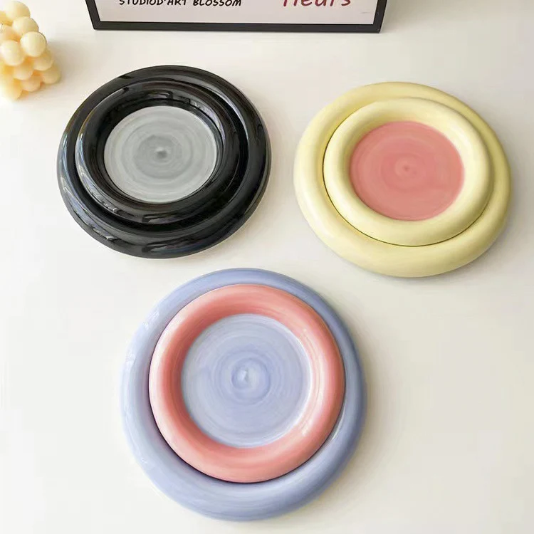 K&B Cute Under-glaze Ceramic Dishes Plates Color Hand-painted Irregular Dessert Snack Bread Breakfast Plate