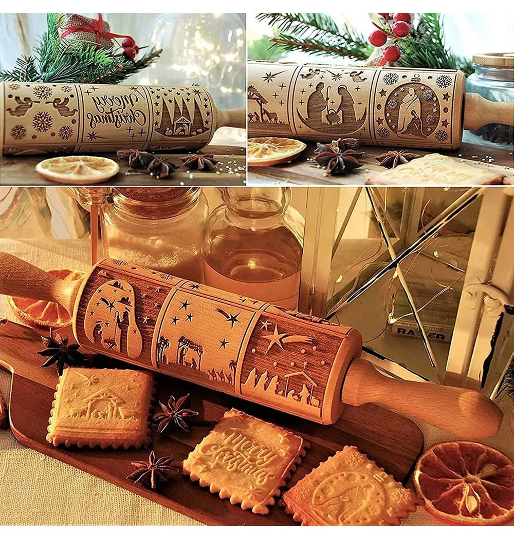 Christmas Jesus Birth Scene Laser Carving Retro Nine Palace Grid Rolling Pin