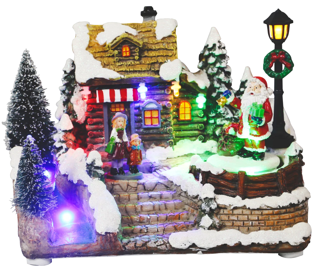 resin christmas decorated brick house with santa claus and trees and Street lamp with mistletoe garland for christmas decoration