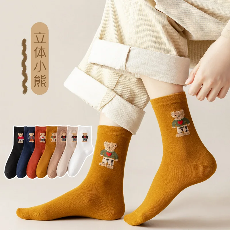 Women socks middle tube spring and autumn cotton stockings lovely pile stockings Cartoon Bear cute style stockings