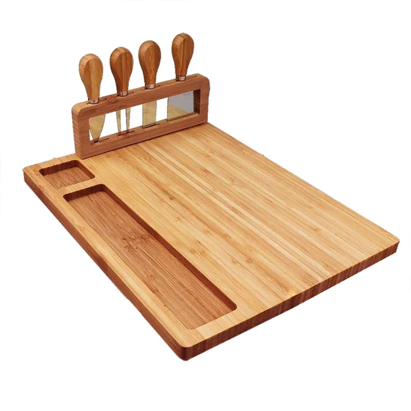 Bamboo Cheese Board Set Charcuterie Platter Serving Meat Board Including 4 Stainless Steel Knife and Serving Utensils