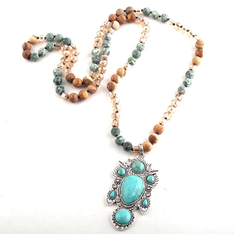 Religious Jewelry Turquoise Natural Stone Crystal Glass Necklace Alloy Stone Cross Pendant Necklace Western Jewelry