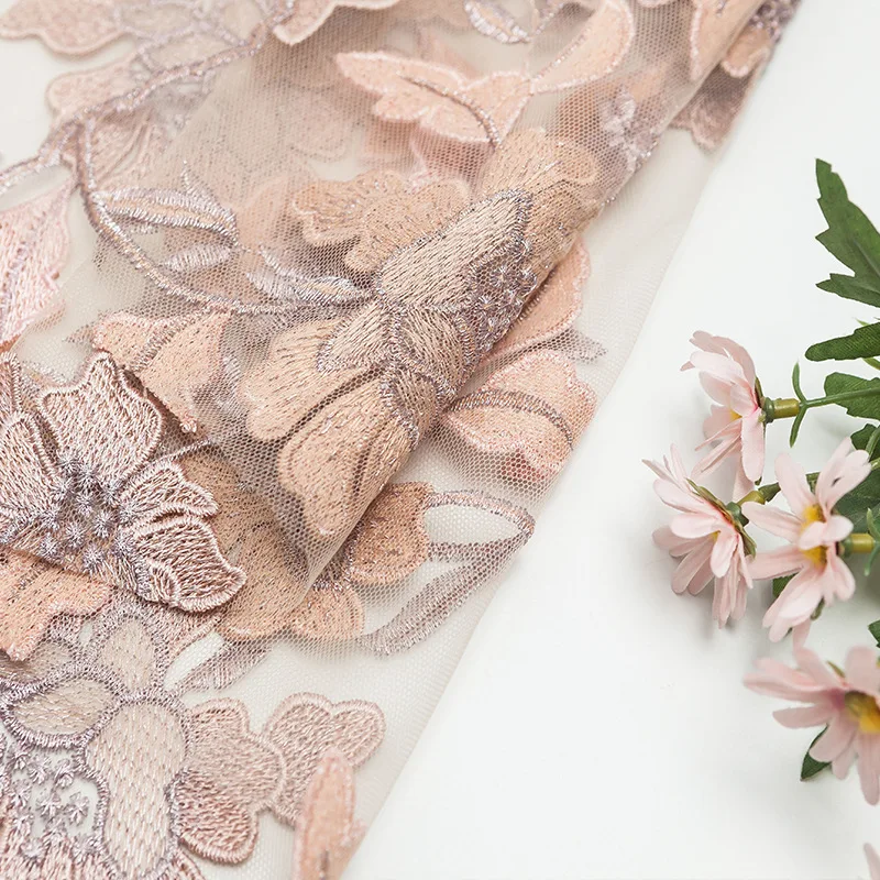 Factory wholesale wedding dress 100% polyester 3d flower embroidered lace fabric