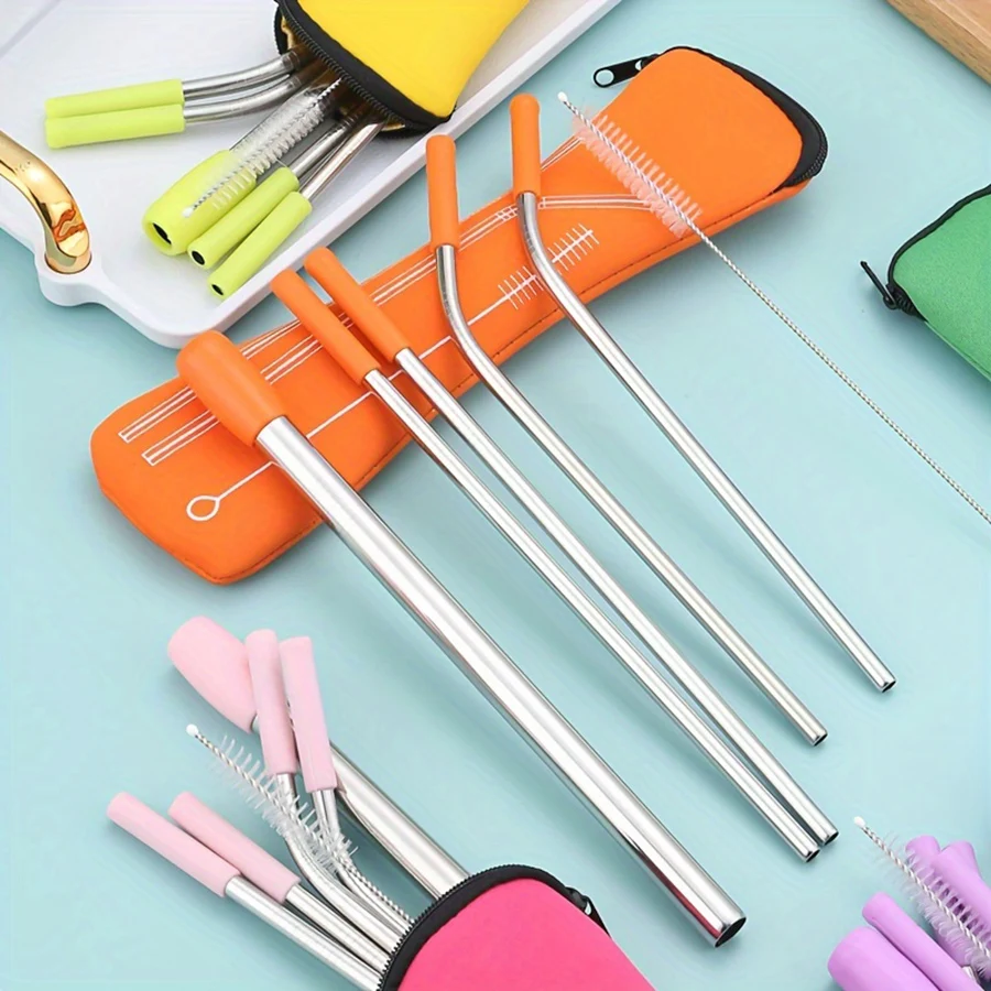6Pcs/set Reusable Silicone Boba Bubble Tea Drink Straw + Clean Brush Stainless Steel Straws Set