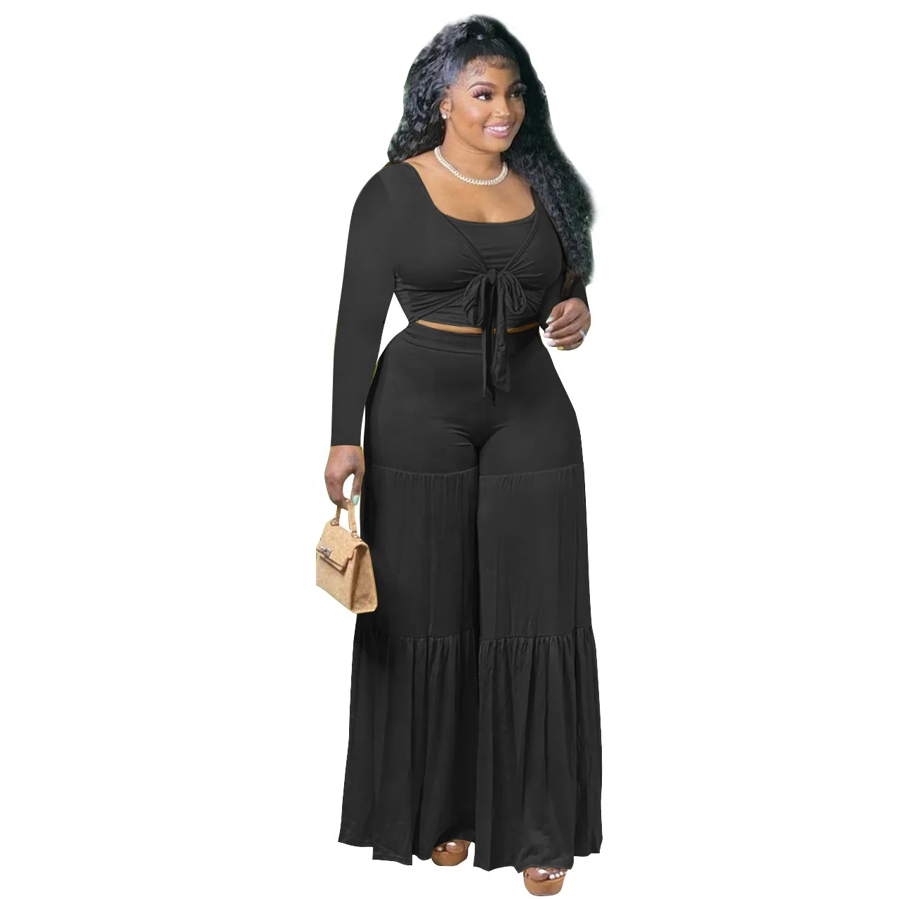 LW Q21S924 Autumn and winter sexy long sleeve bandage wide leg pants two piece set casual  plus size 2 piece pants sets