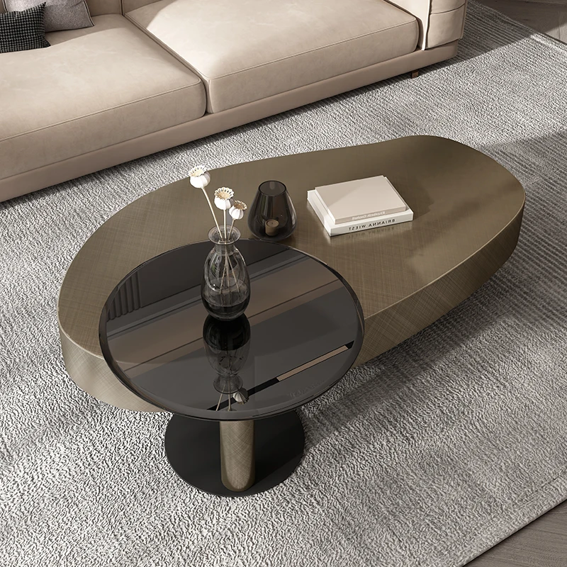 Hotsale Mango Shape Grey Oval Coffee Table Set With Black Side Table Modern Luxury Metal Center Tables With Drawer TV-007