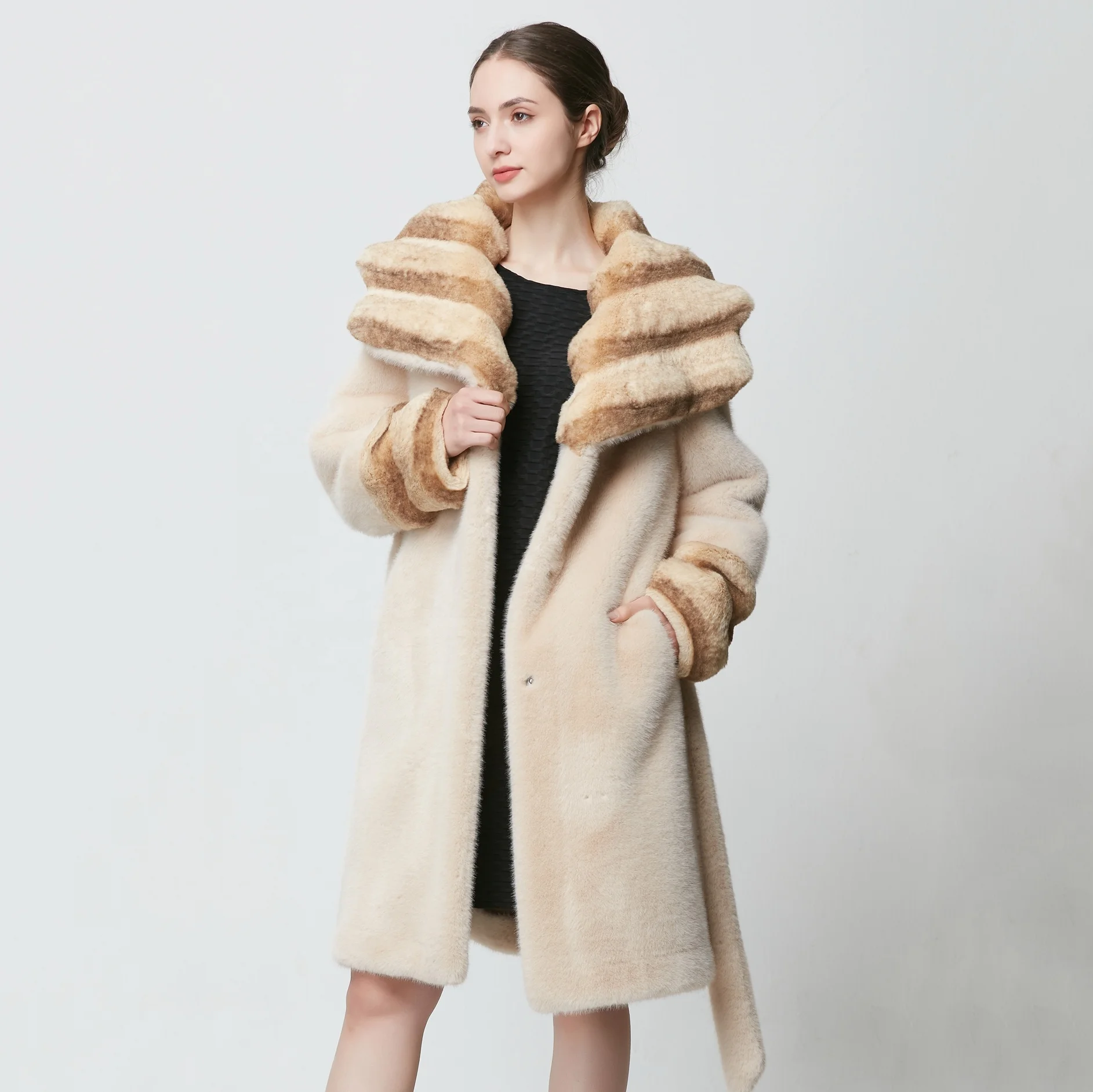 Custom Label Solid Faux Sable Mink Fur Coat Sleeve Single Breasted Sable Fur Coat Price With Belt