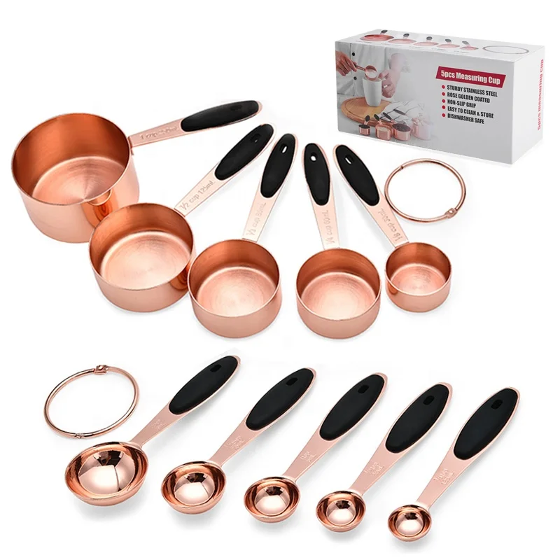 Food Grade Rose Gold Stainless Steel Measuring Cups And Spoons Set Of 10 With Organizer