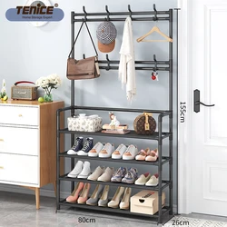 Tenice Hall Tree Coat and Shoe Rack for Entryway, 3-in-1 Design, 5 Tiers Stackable Non-Woven Fabric Storage Organizer