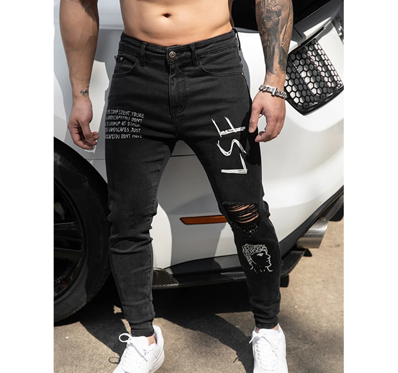 High Street Fashion Mens Jeans Night Club Black White Color Personal Designer Printed Jeans Men Punk Pants Skinny Hip Hop Jeans