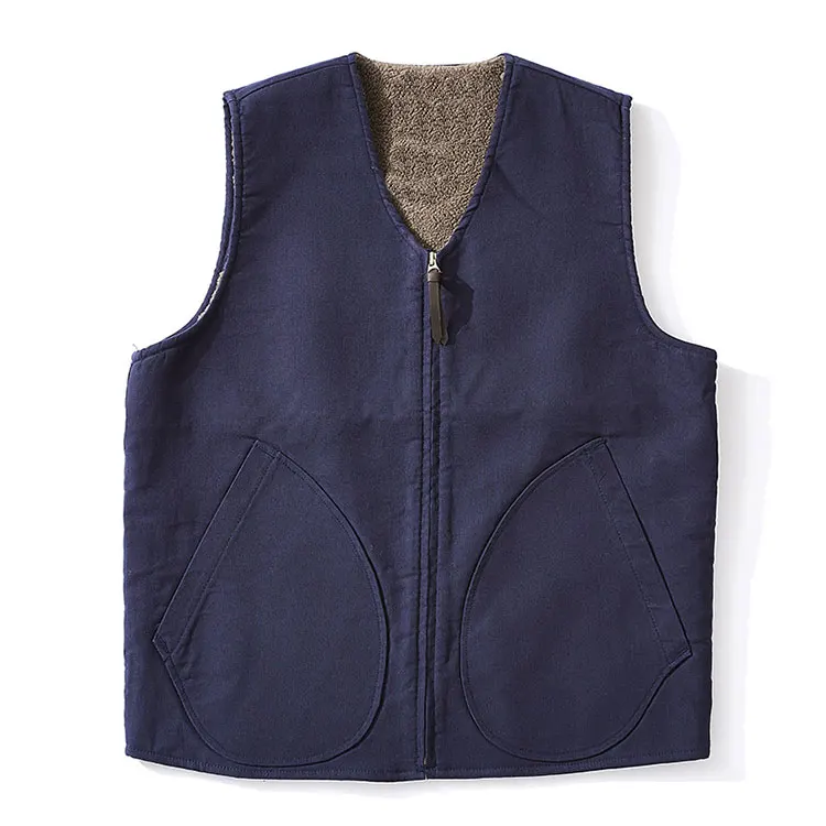 Winter custom logo lamb fleece vest warm zipper front pocket solid color waistcoat vest for men