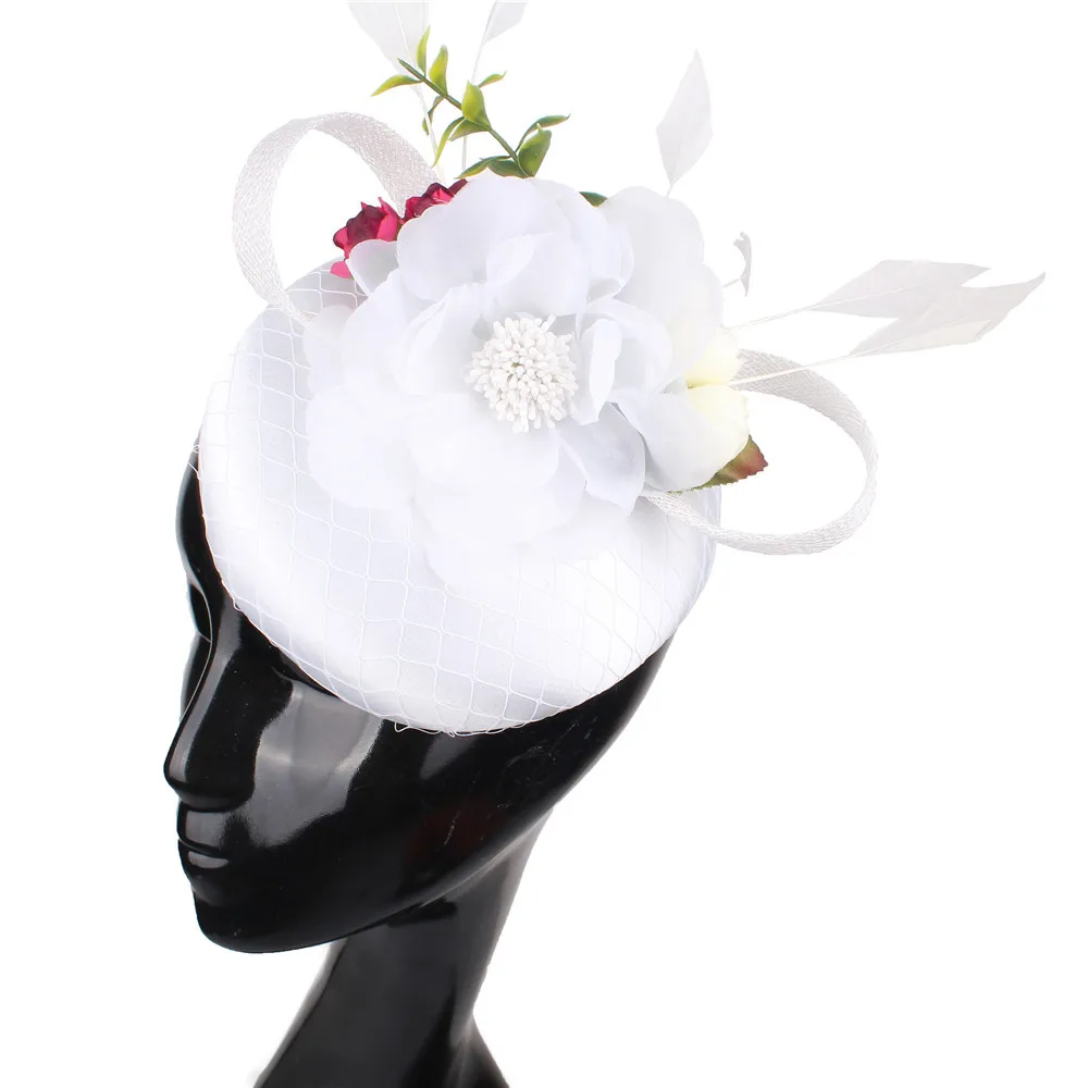 Women Phillbox Satin Top Artificial Flowers Fascinator Hat with Feather Tea Party Festival Headwear