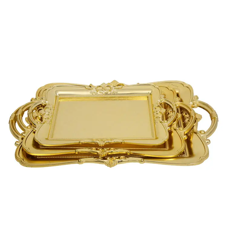 Custom Patternednon-slip Catering Item Gold Plated Wedding Rectangular Plastic Tray Serving Plastic Serving Tray With Handles