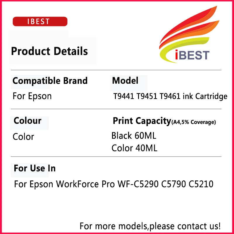 Compatible For Epson T9441 T9451 T9461 ink Cartridge Epson WorkForce Pro WF-C5290 C5790 C5210 C5710 inkjet Cartridge