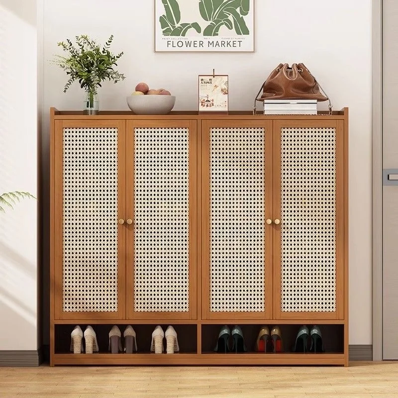 Natural shoe cabinet with PE rattan decorative door, solid wood feet for hallway entrance living room