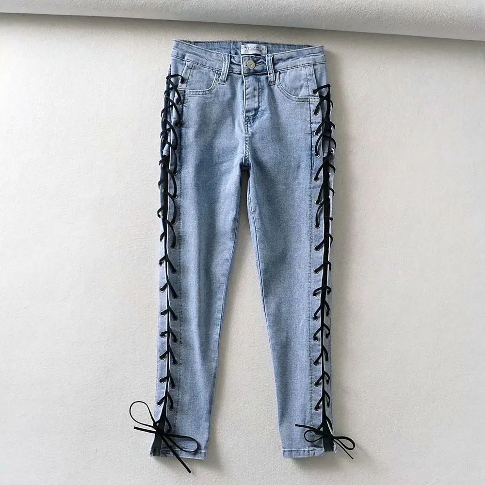 Sexy women denim skinny pants lady full length female contrast eyelet high waist denim jeans trousers with side strings