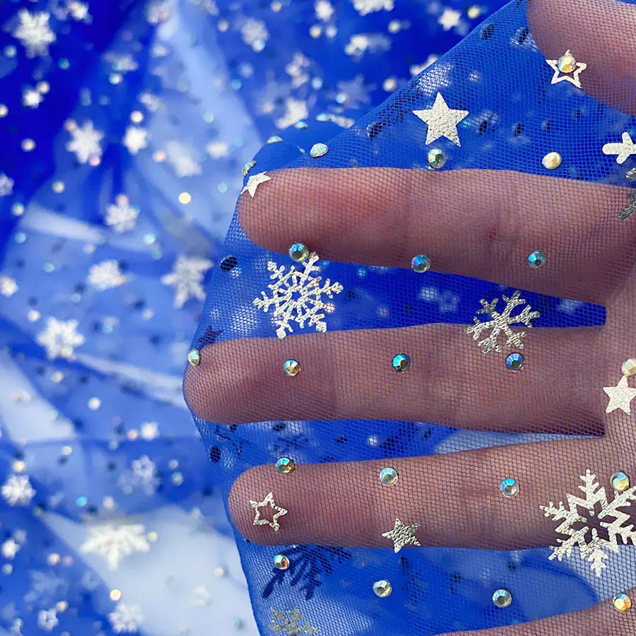 New Arrival kids elsa princess dress decorate cloth fancy glitter tulle snow printing mesh foil fabric with rhinestone