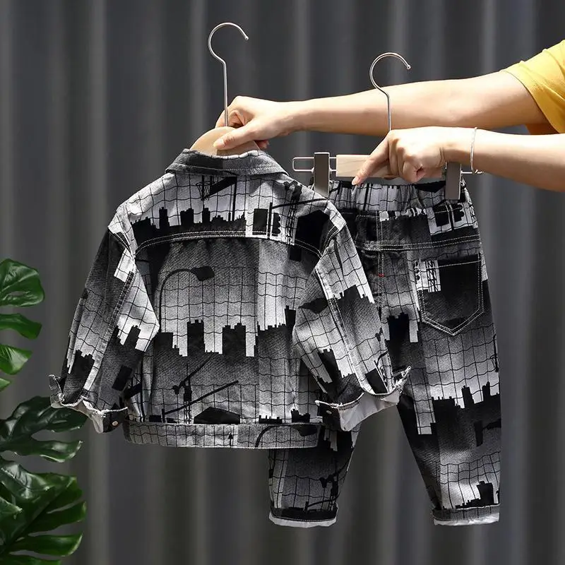 Spring and autumn kids printed clothing sets children long sleeve clothes suits baby boys denim jackets and pants