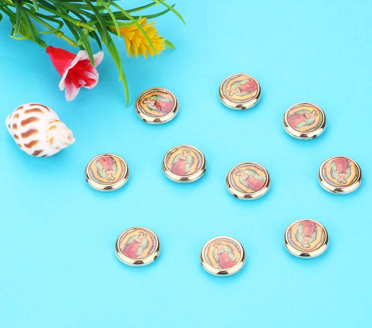 40pcs Acrylic Our Lady Virgin Mary Beads Miraculous Medal Floral Rosary Centerpiece Crucifix Bracelet Pendants Charms