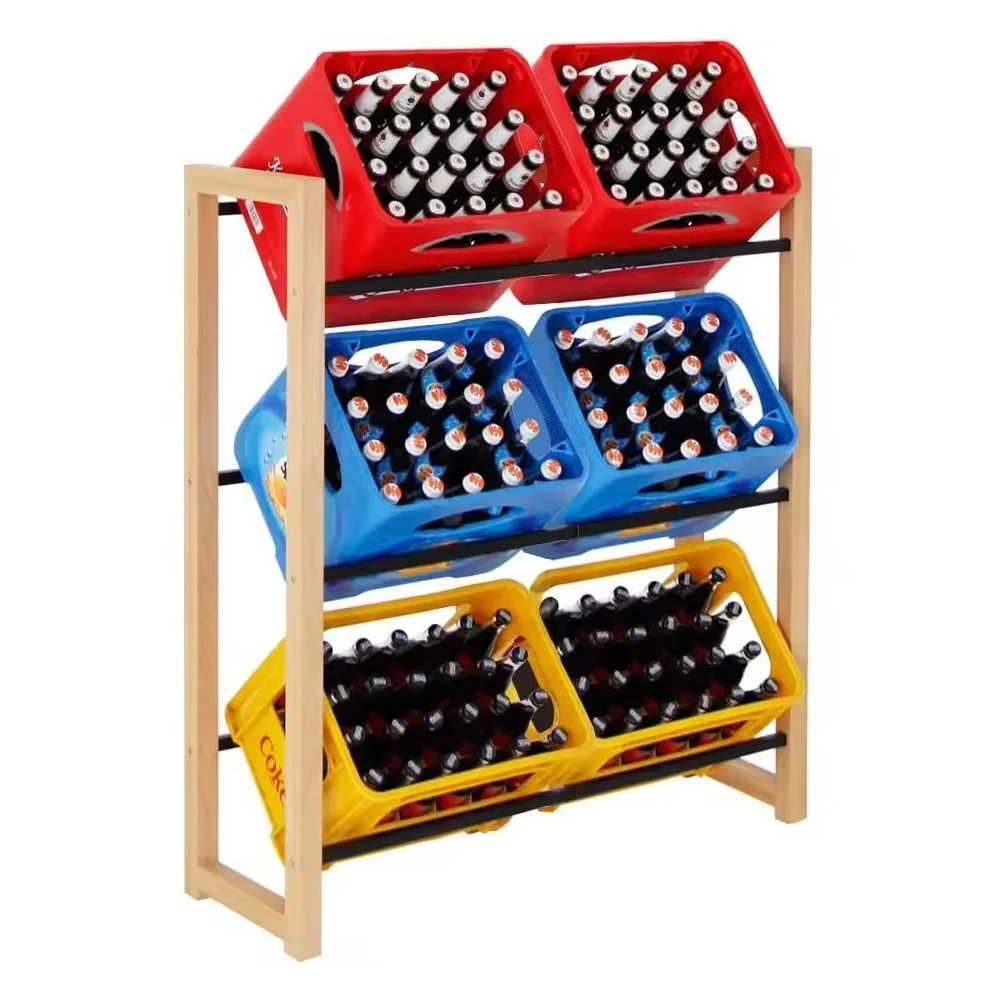 6 Crates Drinks Rack Stylish Stand for All Kinds of Drink Crates 3 Tier Bamboo and Wood Beer Crate Holder