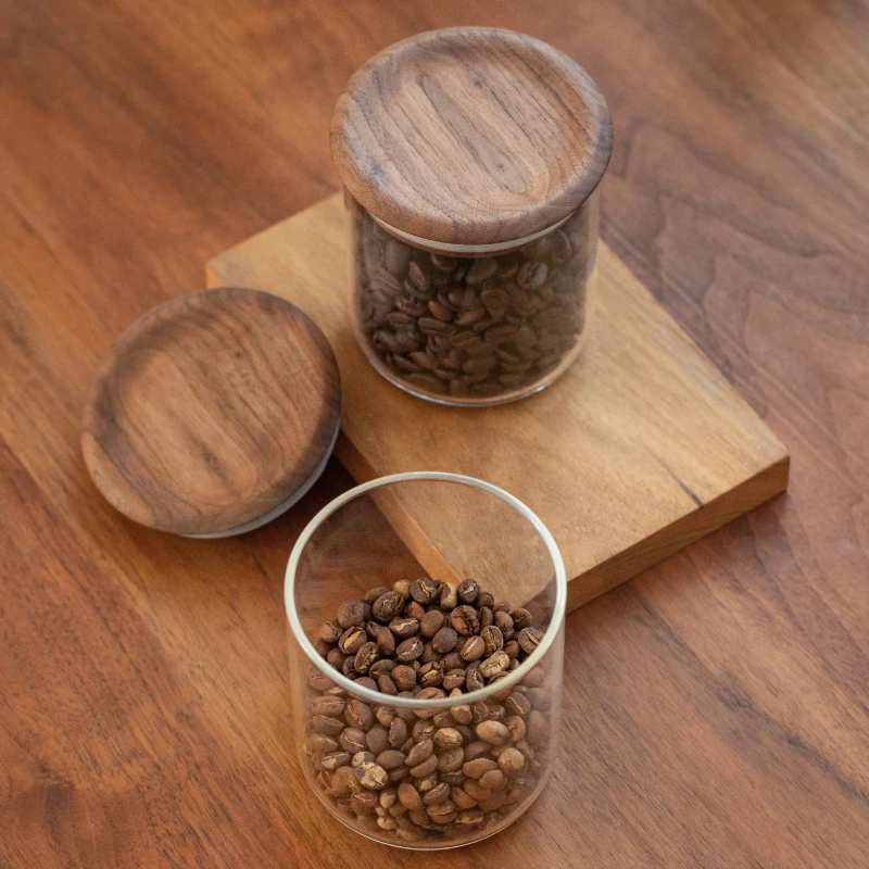 Wholesale Safety Material Coffee Canister Walnut Wood Glass Jar with Flat Lid and Round Bottom