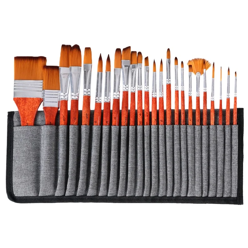 25 Nylon Hair Brush Set Portable Pen Curtain Canvas Bag Art Raw Paint Brush Board Brush