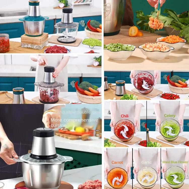 2L Stainless Steel Electric Slicer Meat and Vegetable Chopper Mixer with Meat Grinder for Home Kitchen Use