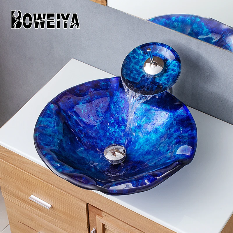  Boweiya фабрика низкая цена раскрашенный шкаф столешница Роскошная ручная умывальная раковина для ванной комнаты стеклянная