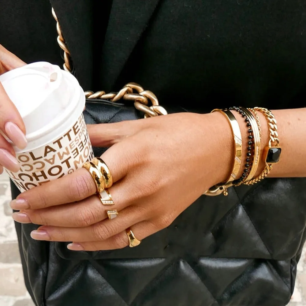 MECYLIFE Women Stainless Steel 14K Gold Plated Wide Brim Two Layer Ring Minimalist Jewelry Simple Design High End Chunky Rings