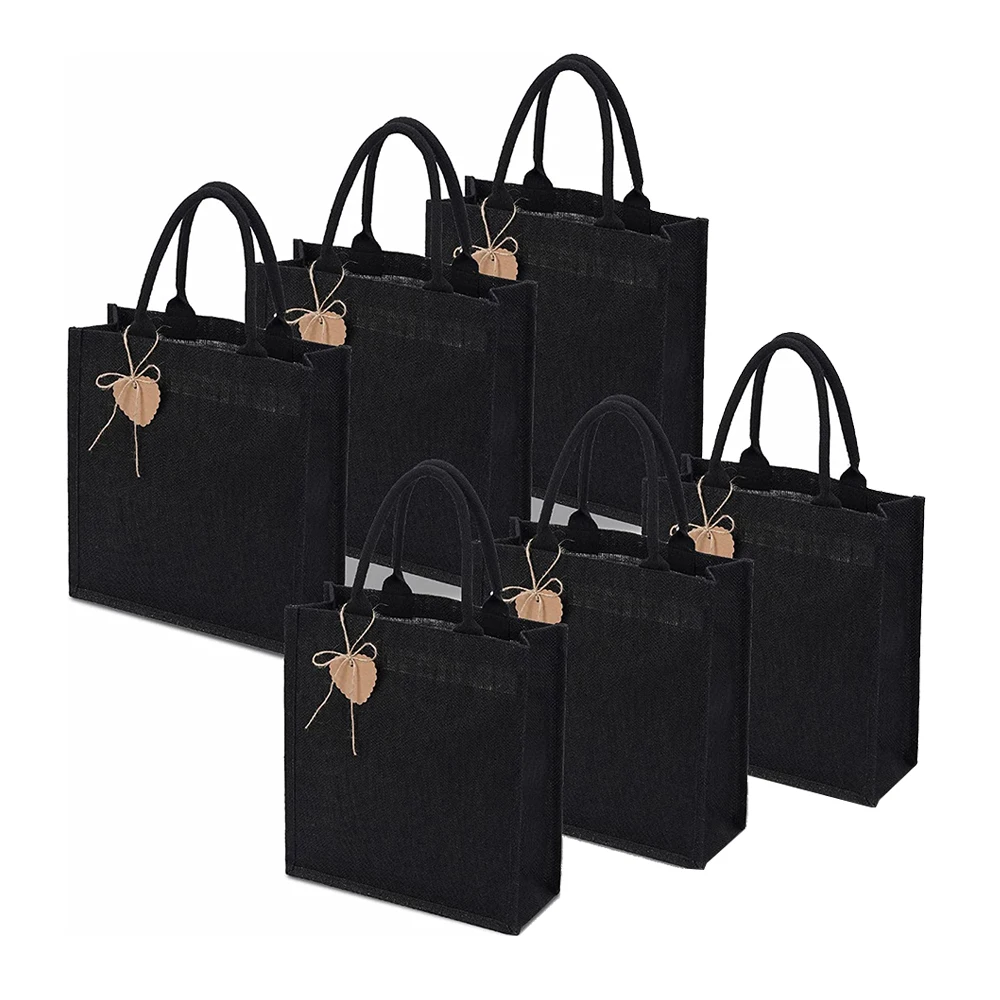 Recyclable foldable portable DIY craft gift bag black linen Jute Shopping Bag jute tote bag