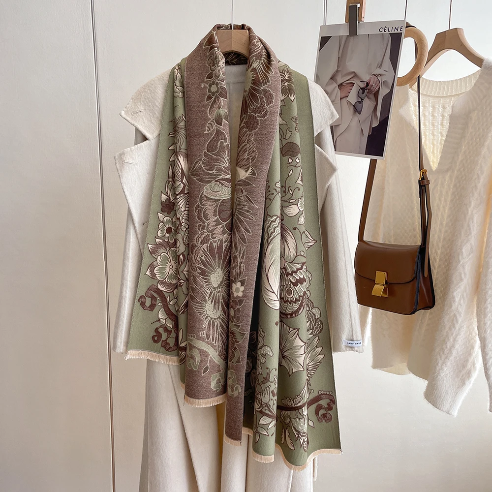 High quality Winter printed flower designer pashmina Acrylic thick knitted scarf cashmere scarfs for women stylish