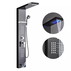 ROVATE Shower Panel Stainless Steel Wall Mounted LED Black Shower Column Set Bathroom Massage Shower Wall Panel Column Tower