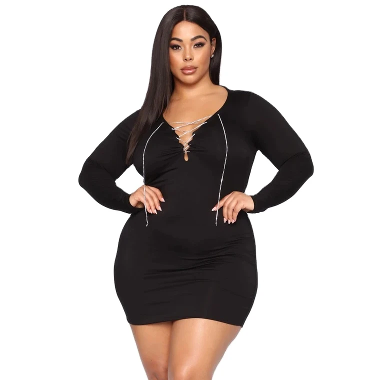 
Visualize 2021 plus size women clothing Fashion solid color long skirt sleeve elastic slim fit V-neck bead chain plus size dress 